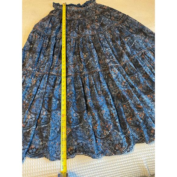 Free People Boho Cottage Core Blue Printed Tiered Linen Blend Maxi Skirt Small - Picture 6 of 16